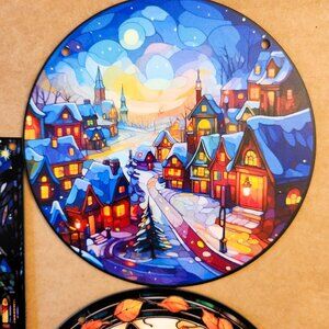 🏰❄️🖼️ Suncatcher Stained Plastic Hanging Winter Décor Christmas Village